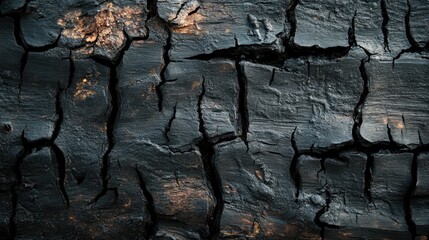 Close up of a rough textured surface of charred wood featuring a background that includes ample copy space