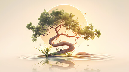 Wall Mural - Tranquil 3D icon, tree with golden light, natural tones.