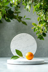 Wall Mural - Elegant minimalism an abstract marble podium displaying a vibrant orange in a greenery setting