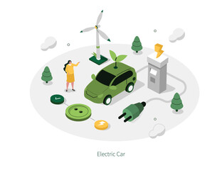 Sticker - Electric car concept. Character recharge vehicle battery at charging station. Green energy, environmental sustainability, responsibility infographic template. Flat isometric vector illustration.