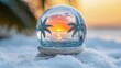 © Oleksandr - A captivating snow globe showcasing a serene beach sunset with palm trees, nestled in soft snow against a dreamy golden sky