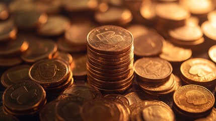 Stack of gold coins illuminated by warm lighting