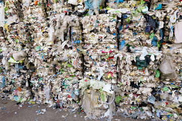 Bales of plastic at the waste treatment plant. separate waste collection. recycling and storage of waste for further disposal. waste sorting and treatment activities