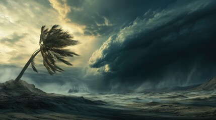 A palm tree struggles against fierce winds under a dark sky, embodying the power and drama of an impending storm