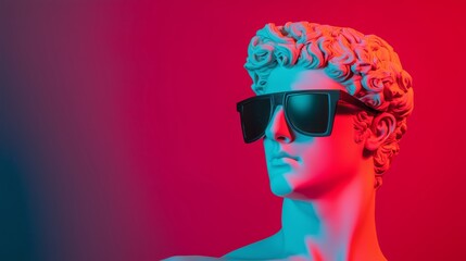 Greek sculpture in sunglasses with cyber lights, cinematic