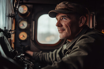 a man is a locomotive driver in a cap , driving a locomotive