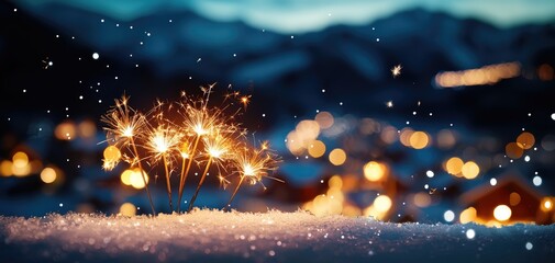 Merry Christmas formed from sparkling fireworks lighting up the night sky above a snow-covered village, with festive holiday lights below