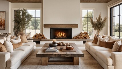 two chairs and sofa near fireplace. french country interior design of modern living room. generated 