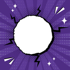 Wall Mural - Bright pop art comic cover with crack torn paper circle with copy space. Retro style dynamic background. Vector illustration