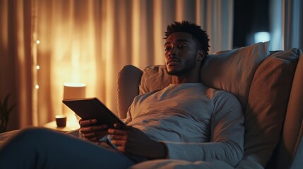 Aufkleber - In a softly lit living room at night, a young man sits comfortably on a couch, focused on his tablet. Warm lighting creates a cozy atmosphere as he enjoys his reading time in a relaxed setting.