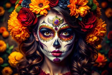 Girl with Sugar Skull Makeup - Calavera Catrina Portrait for Day of the Dead Celebration