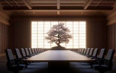 Aufkleber - A modern meeting room featuring a long table, surrounded by chairs, with a decorative tree illuminated against a backdrop of light and wood.