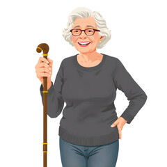 Happy Senior Woman with Cane Standing and Smiling. Flat graphic illustrations isolated on white background. Generative AI