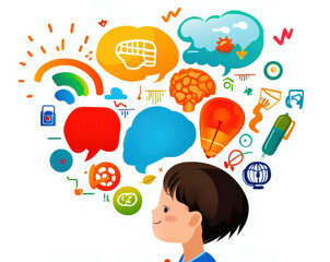 Poster - A colorful illustration of a boy, surrounded by thought bubbles representing creativity, ideas, and imaginative concepts.