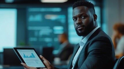 Poster - A well-dressed black man sits in a contemporary office, focused on a tablet displaying data charts. He conveys confidence while engaging in analytical work amidst a dynamic corporate environment.