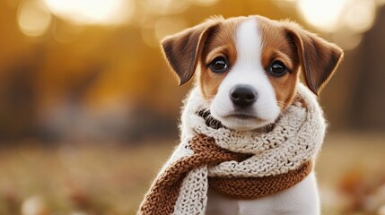 Poster - Adorable Puppy Wearing a Knitted Scarf in Autumn