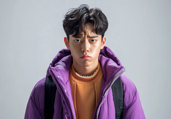 A handsome man wearing a purple down jacket and an orange sweater, looking at the camera with an angry expression on his face