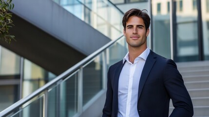 A man in a suit and tie stands on a staircase in front of a building