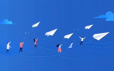  Business people flying on paper airplanes, depicted in a flat design style with simple shapes and lines, showcasing a playful concept of teamwork