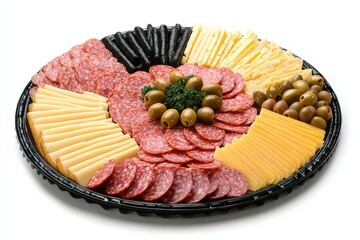 Wall Mural - Assorted cheese deli meat platter on white background