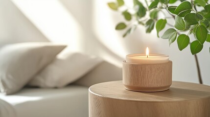 A scented candle on a wooden bedside table, creating a cozy and inviting atmosphere perfect for relaxation and comfort