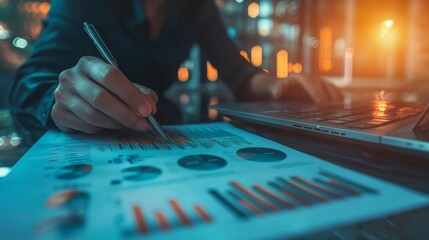 Business person analyzing stock market data with laptop