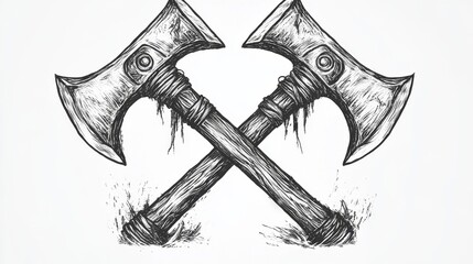 Two crossed axes with wooden handles, drawn in a simple black and white style.