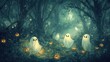 © fourtakig - Charming halloween scene friendly ghosts and spooky pumpkins in an enchanted forest