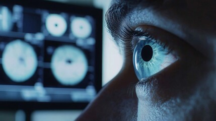Fototapete - A person's eye with blue iris and eyelashes looking intently at a computer monitor displaying circular medical images.