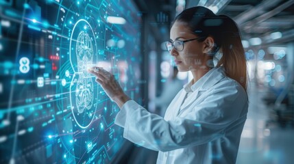 A female doctor works with a hologram in the laboratory. Research in the field of biochemistry and the medical industry