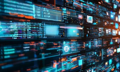 A futuristic display of digital data visualizations and interfaces in a tech-centric environment.
