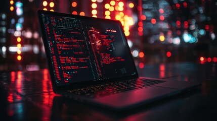 Laptop with coding screen and red lights in dark environment