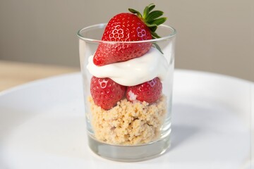 Fresh strawberry dessert in glass with cream and crumble topping - perfect for spring and summer gatherings.