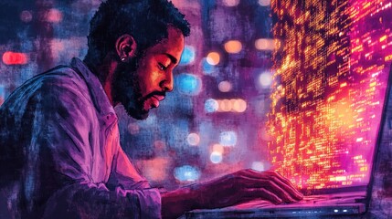 Watercolor Painting of Black Man Programmer Working on Glowing Code at Night