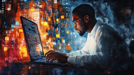 Watercolor Painting of Black Man Programmer Working on Glowing Code at Night