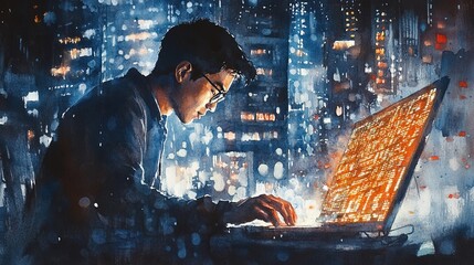Watercolor Painting of Asian Man Programmer Working on Glowing Code at Night