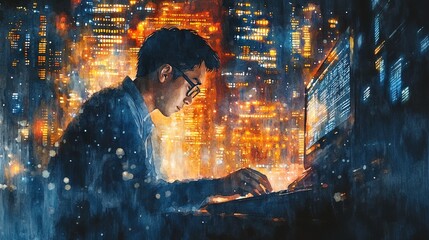 Watercolor Painting of Asian Man Programmer Working on Glowing Code at Night