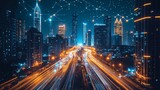 Futuristic cityscape with glowing skyscrapers and smart transport networks, symbolizing advanced urban living
