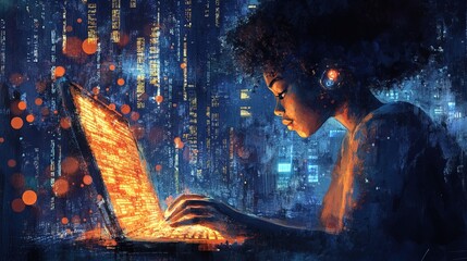Watercolor Painting of Black Woman Programmer Working on Glowing Code at Night
