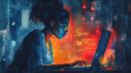 Watercolor Painting of Black Woman Programmer Working on Glowing Code at Night