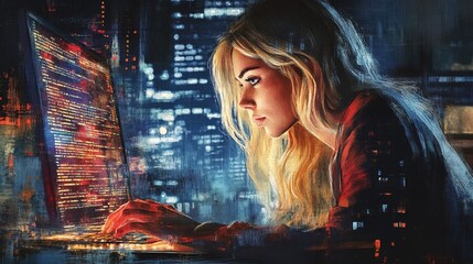 Watercolor Painting of Blonde Woman Programmer Working on Glowing Code at Night
