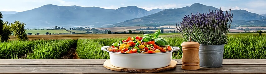 A vibrant salad surrounded by scenic mountains and lavender a perfect blend of nature and culinary delight in the heart of the countryside