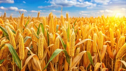 Mature yellow wheat and fresh corn crop ready for harvest close-up