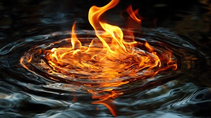 A flame reflected in a pool of water, with the ripples distorting the fiery image