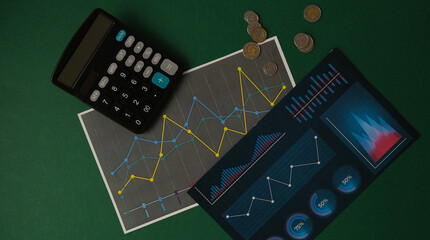 Financial chart with calculator and coins on a green background