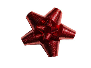 Wall Mural - A closeup of a red, sparkly gift bow with a white background PNG