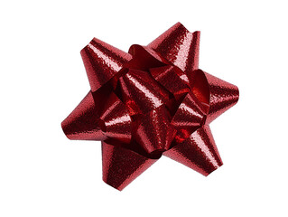 Wall Mural - A closeup of a red, sparkly gift bow with a white background PNG