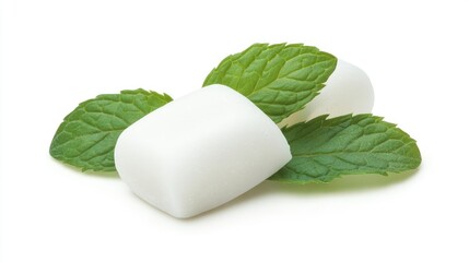 Two pieces of chewing gum accompanied by fresh mint leaves isolated on a white background