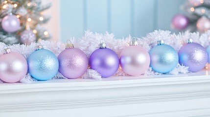 Pastel Christmas ornaments lined up on festive background