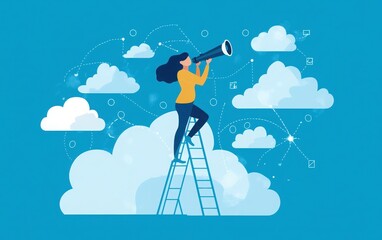  Illustration of a female leader or manager ascending a ladder, holding a telescope to demonstrate focus and strategy for company success